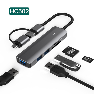 新款type-c扩展坞SD/TF同时读取usb3.0*4分线器五合一拓展集线器
